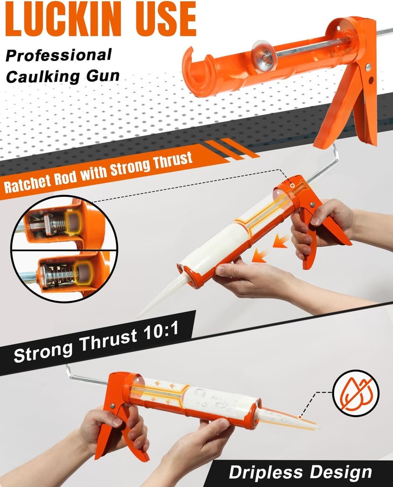 Holothurian Caulking Gun, Caulk Gun No Drip,Sealant Finishing Tool Grout Scraper for Kitchen Bathroom Window Sink Joint, 1/10 Gallon Cartridge, 10:1 Thrust Ratio, Orange, 2 Packs - Image 4